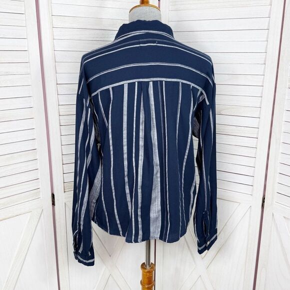Sandy & Sid Striped Long Sleeve‎ Button Up Crop Shirt Blue White Large - Picture 4 of 12
